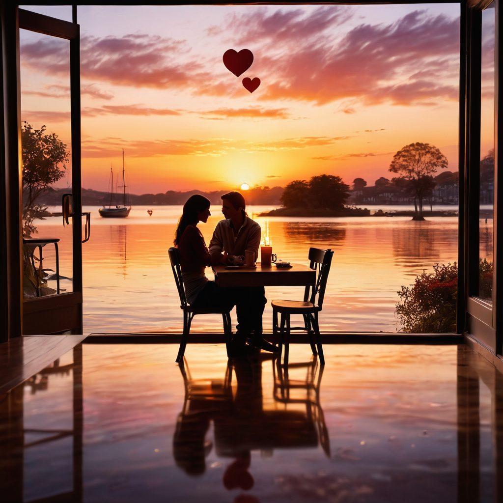 A romantic scene depicting a couple sitting at a cozy café, passionately engaged in conversation, surrounded by floating symbols representing words and heart emoticons. The atmosphere should exude warmth and intimacy, with soft lighting and a backdrop of a beautiful sunset. Include elements like graceful language lettering swirling around them, enhancing the connection of verbal and written communication in romance. painterly style. warm colors. soft focus.