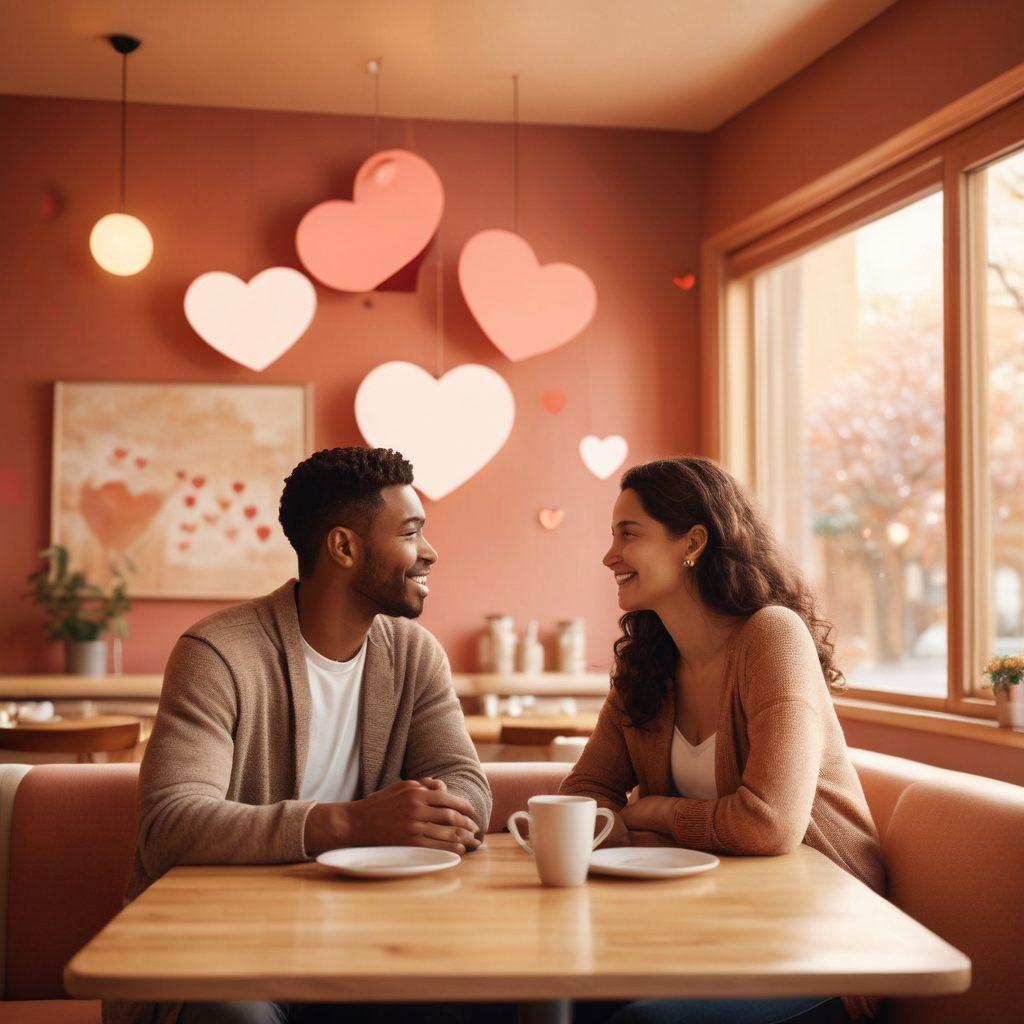 A couple sitting in a cozy café, deeply engaged in conversation, surrounded by floating heart-shaped speech bubbles to symbolize love and communication. The background features soft, warm colors reflecting a romantic atmosphere, with subtle symbols of heart and connection. The couple is diverse, showcasing unity and understanding. super-realistic. warm tones. soft focus.