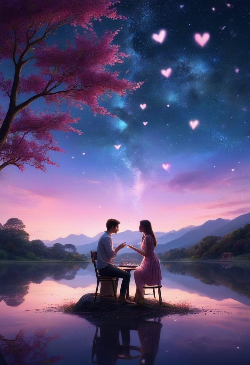 A romantic scene depicting a couple sharing heartfelt words under a starlit sky, surrounded by floating letters and whispers transforming into soft, glowing hearts. The atmosphere is warm, intimate, and full of love, symbolizing deep connection through communication. The background features a dreamy landscape with soft hues of pink, purple, and blue. super-realistic. vibrant colors. soft focus.